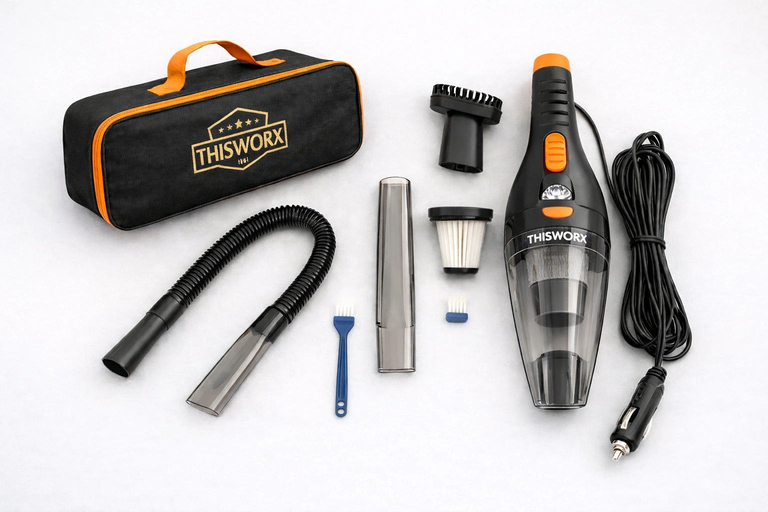 ThisWorx vacuum kit with bag, cord, hose, filter, and attachments