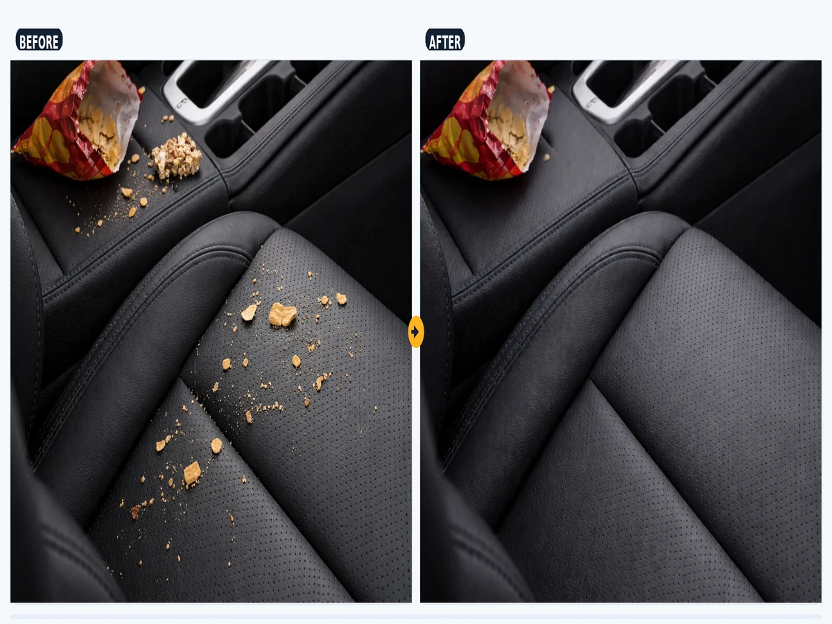 Car seat and console area after quick crumb cleanup with a compact car vacuum