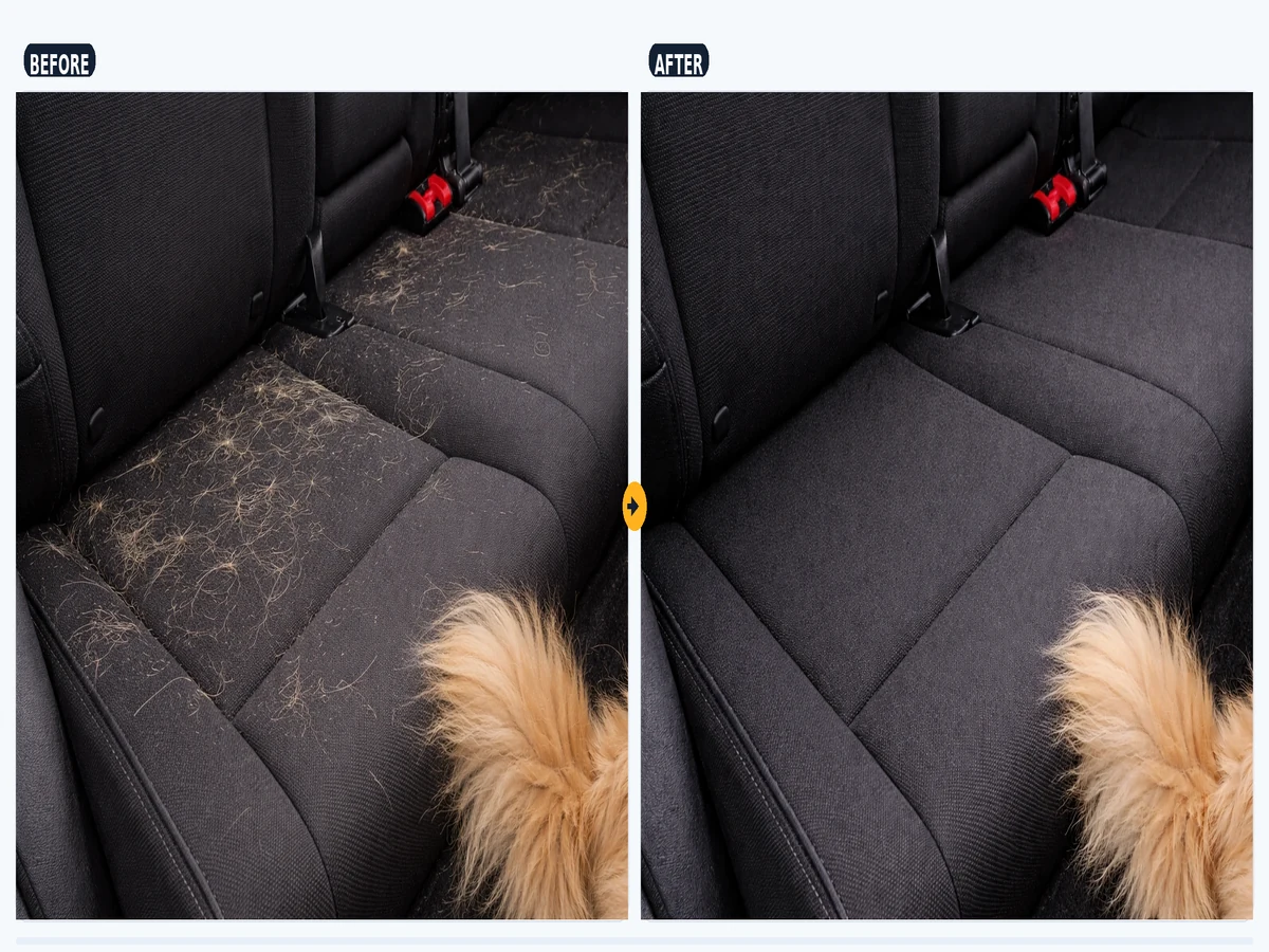 Car upholstery edge with pet hair shown as a touch-up cleaning use case