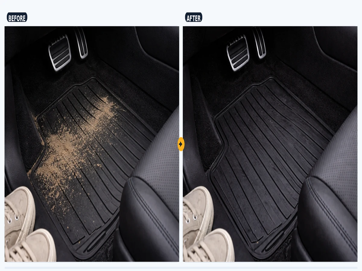Car floor area with fine sand and debris shown as a typical cleanup use case