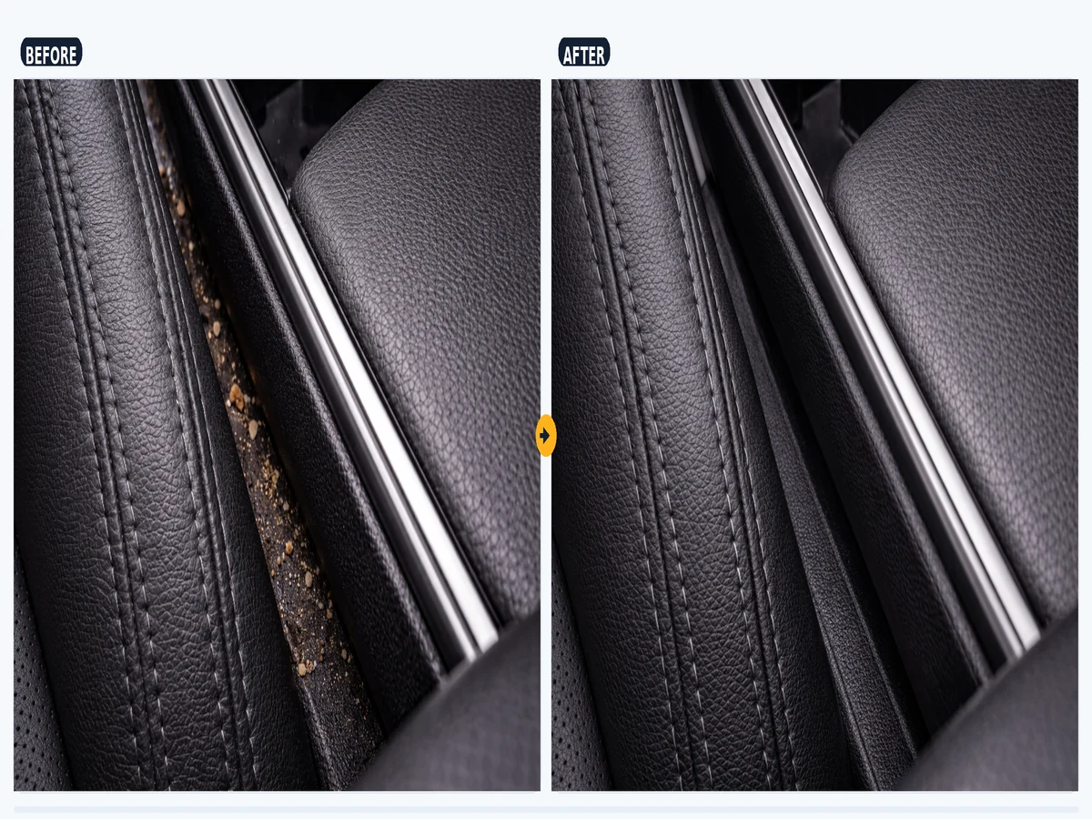 Tight car interior gap shown as a narrow-space cleanup use case